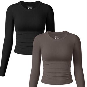 OQQ Long Sleeve Ribbed Crewneck Top - Black & Taupe